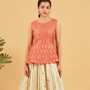Peach And Gold Zari Work Short Top