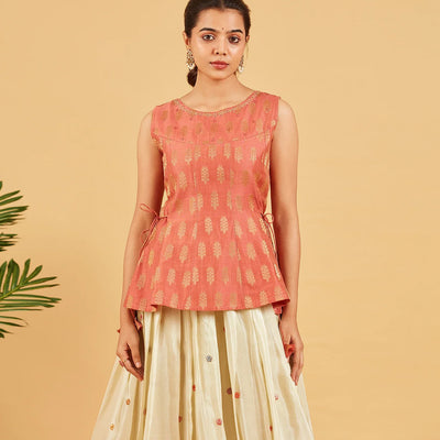 Peach And Gold Zari Work Short Top
