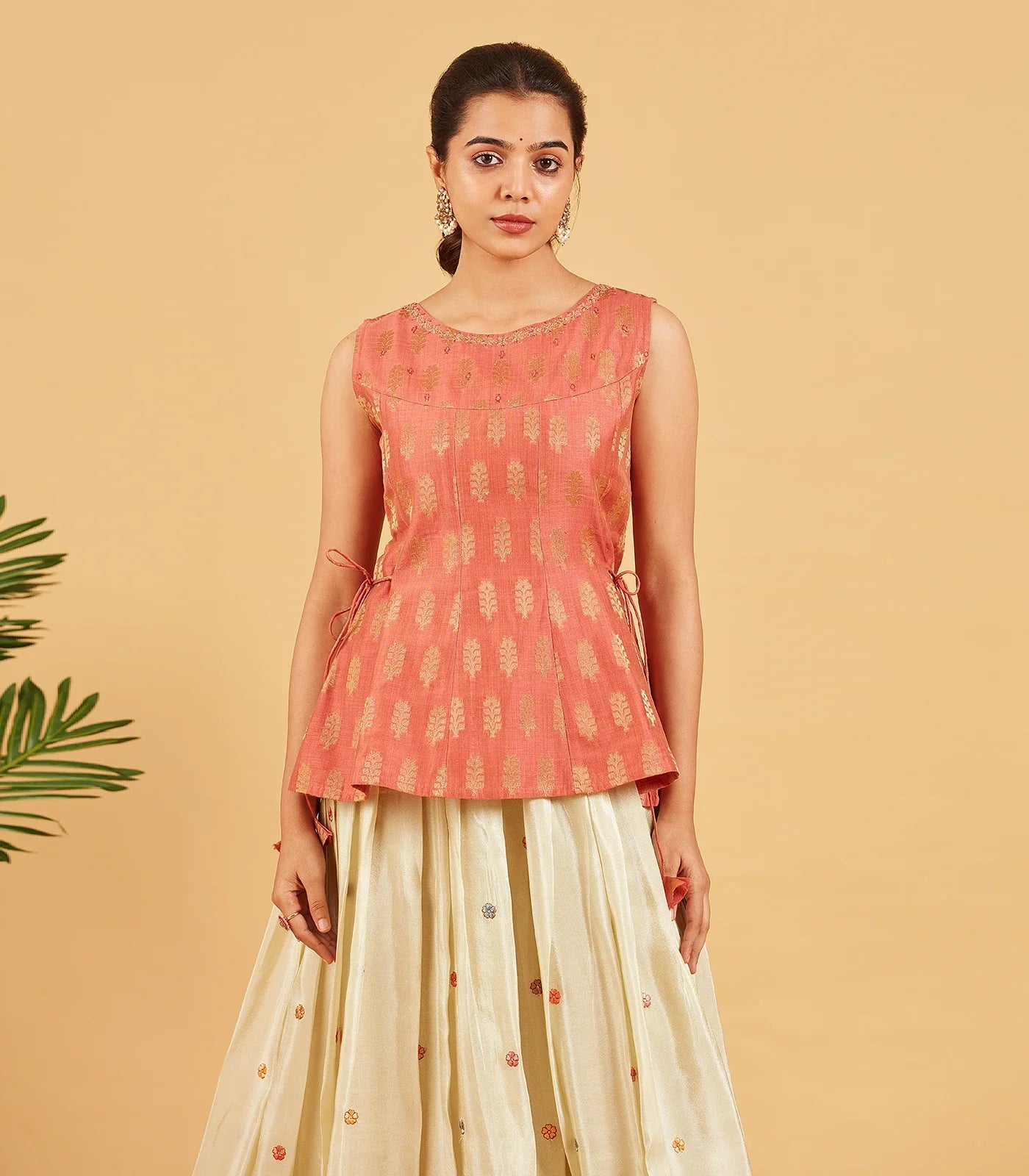 Peach And Gold Zari Work Short Top