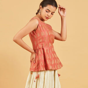 Peach And Gold Zari Work Short Top