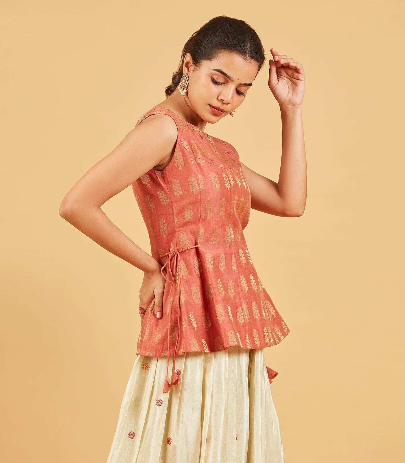 Peach And Gold Zari Work Short Top