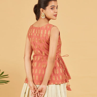 Peach And Gold Zari Work Short Top