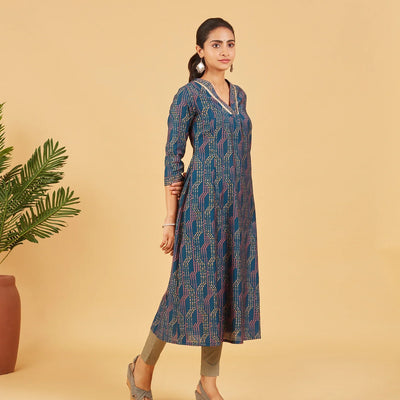 Navy Blue Abstract Printed Kurta