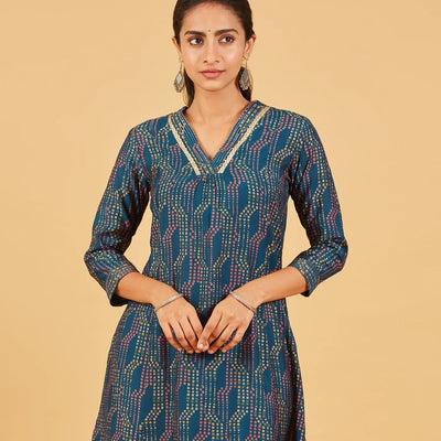 Navy Blue Abstract Printed Kurta