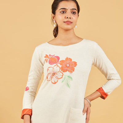White Floral Printed Kurta