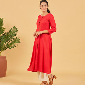 Red Kurta With Embroidered Buttons