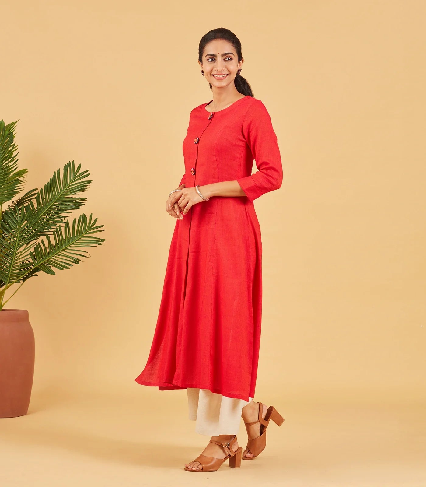 Red Kurta With Embroidered Buttons