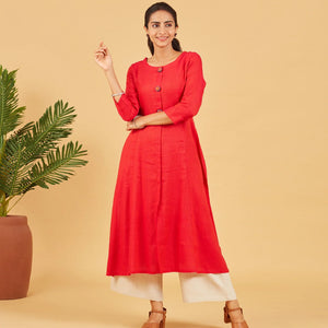 Red Kurta With Embroidered Buttons