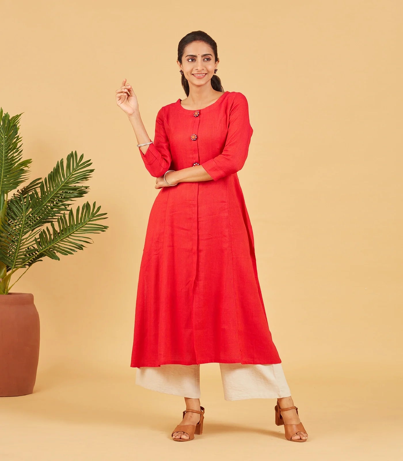 Red Kurta With Embroidered Buttons