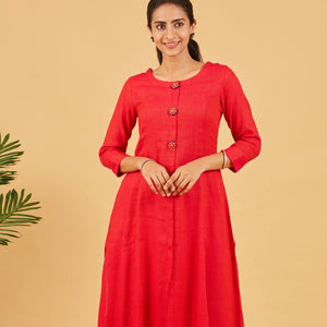 Red Kurta With Embroidered Buttons