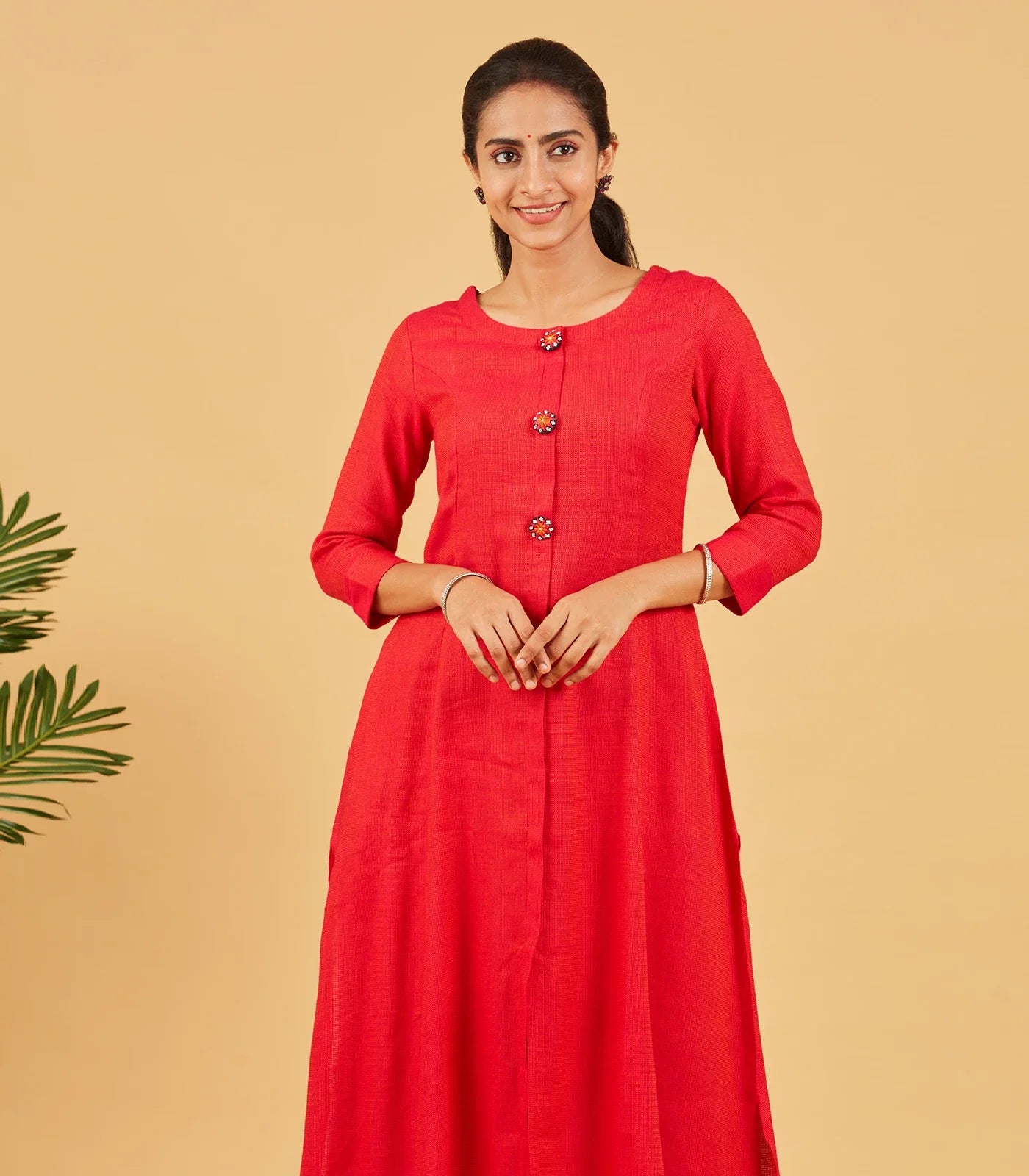 Red Kurta With Embroidered Buttons