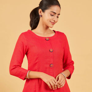 Red Kurta With Embroidered Buttons