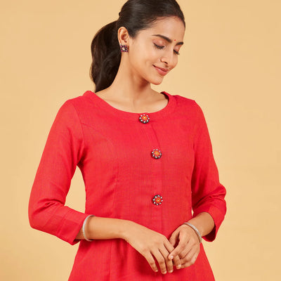 Red Kurta With Embroidered Buttons
