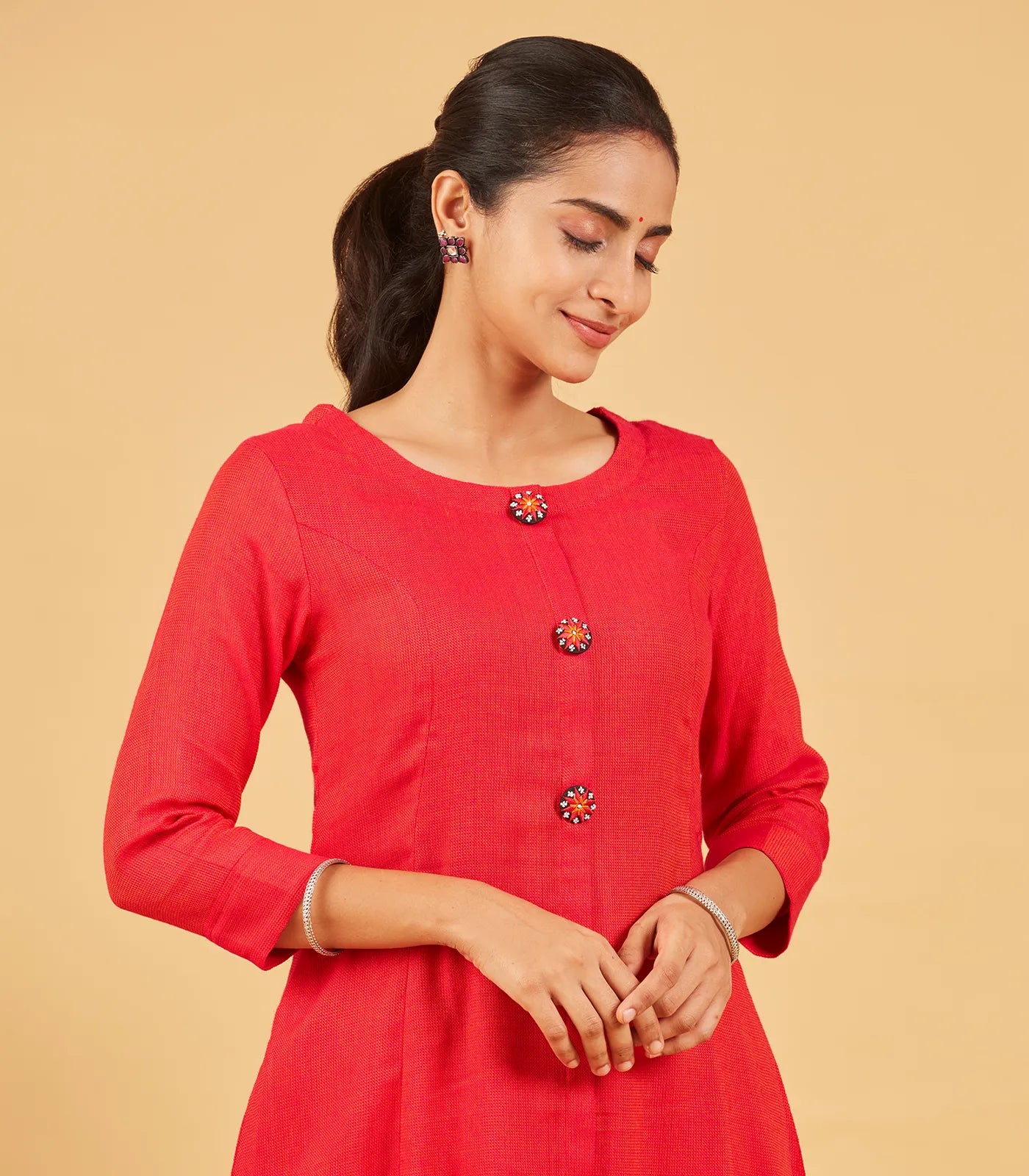 Red Kurta With Embroidered Buttons