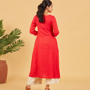Red Kurta With Embroidered Buttons