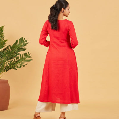 Red Kurta With Embroidered Buttons