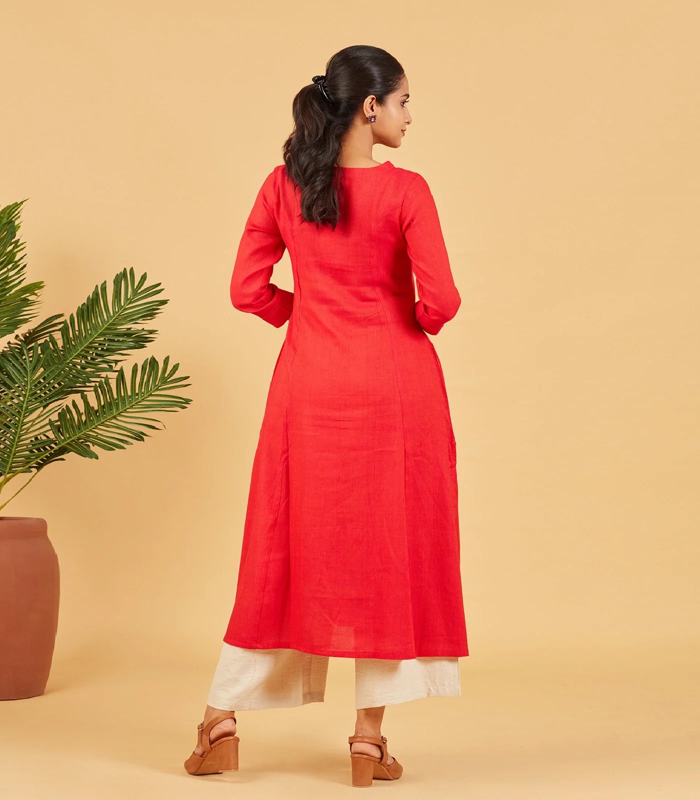 Red Kurta With Embroidered Buttons