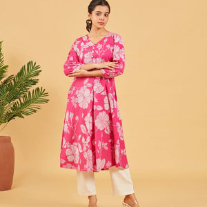 Bright Pink Floral Printed Cotton Kurta Set