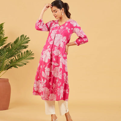 Bright Pink Floral Printed Cotton Kurta Set
