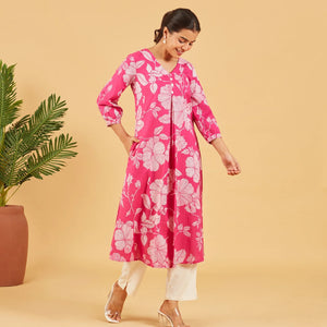 Bright Pink Floral Printed Cotton Kurta Set