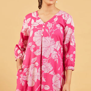 Bright Pink Floral Printed Cotton Kurta Set