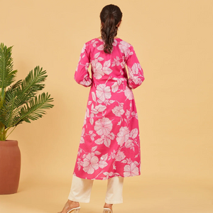 Bright Pink Floral Printed Cotton Kurta Set