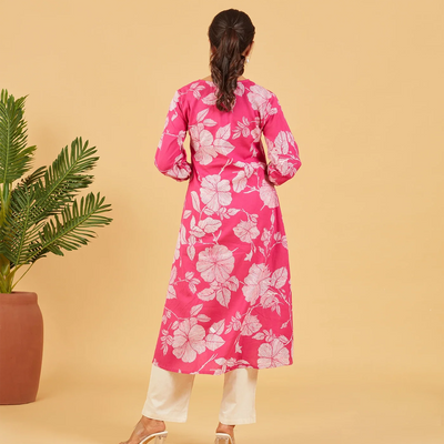 Bright Pink Floral Printed Cotton Kurta Set