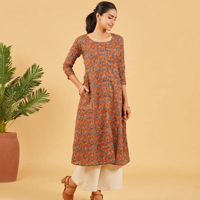 Earthy Brown Printed Cotton Kurta
