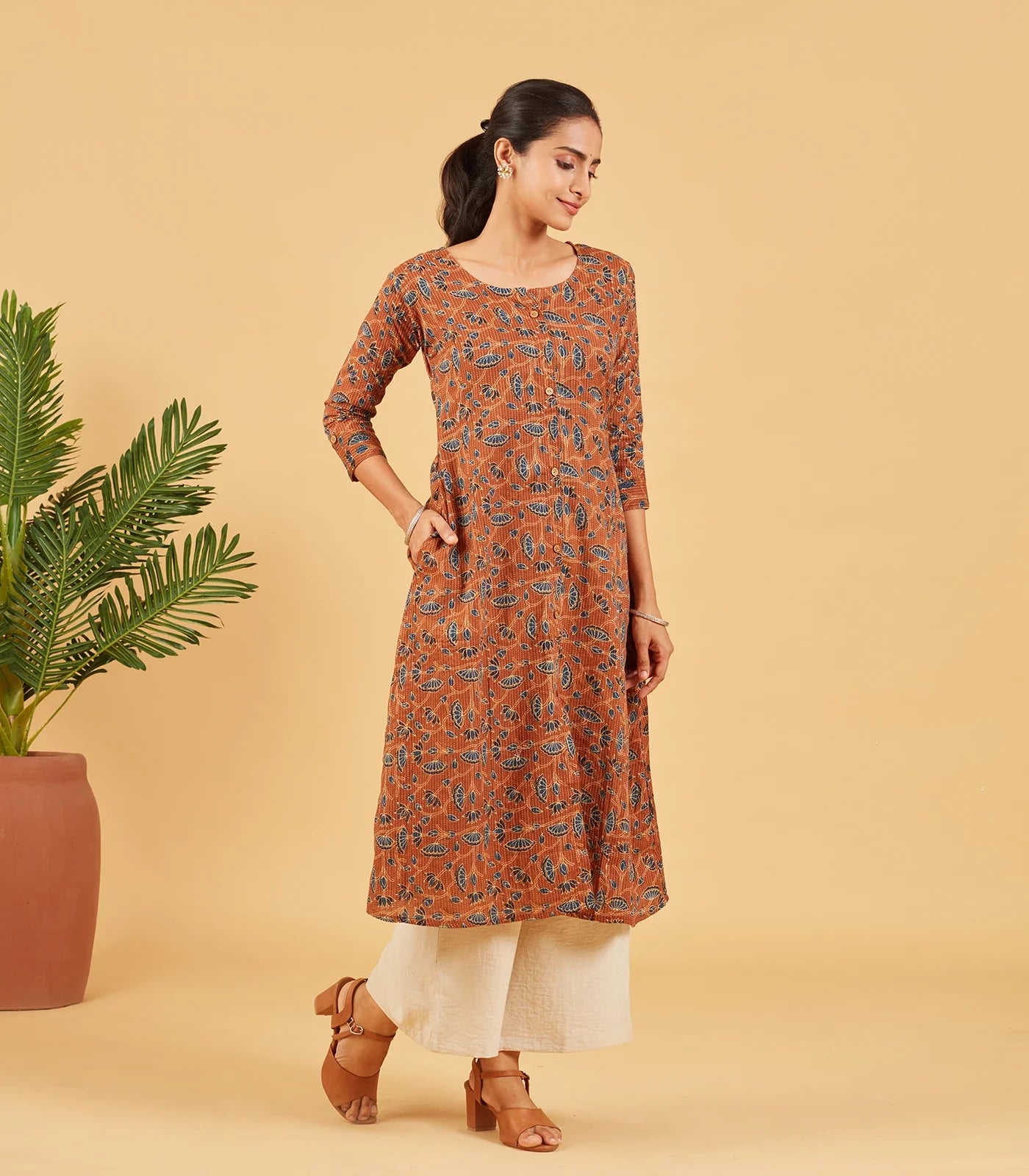 Earthy Brown Printed Cotton Kurta