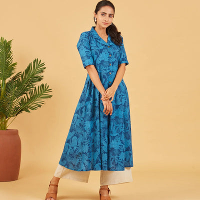 Sapphire Blue Printed Cotton Dress