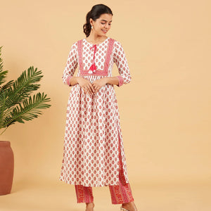 White And Pink Floral Printed  Kurta Set