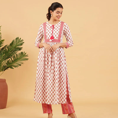 White And Pink Floral Printed  Kurta Set