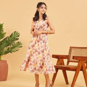 Brown Yellow Abstract Printed Cotton Dress