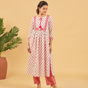 White And Pink Floral Printed  Kurta Set