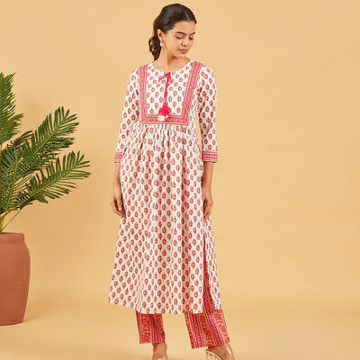 White And Pink Floral Printed  Kurta Set