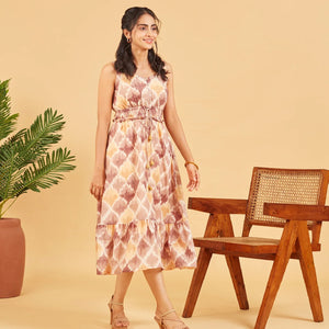 Brown Yellow Abstract Printed Cotton Dress