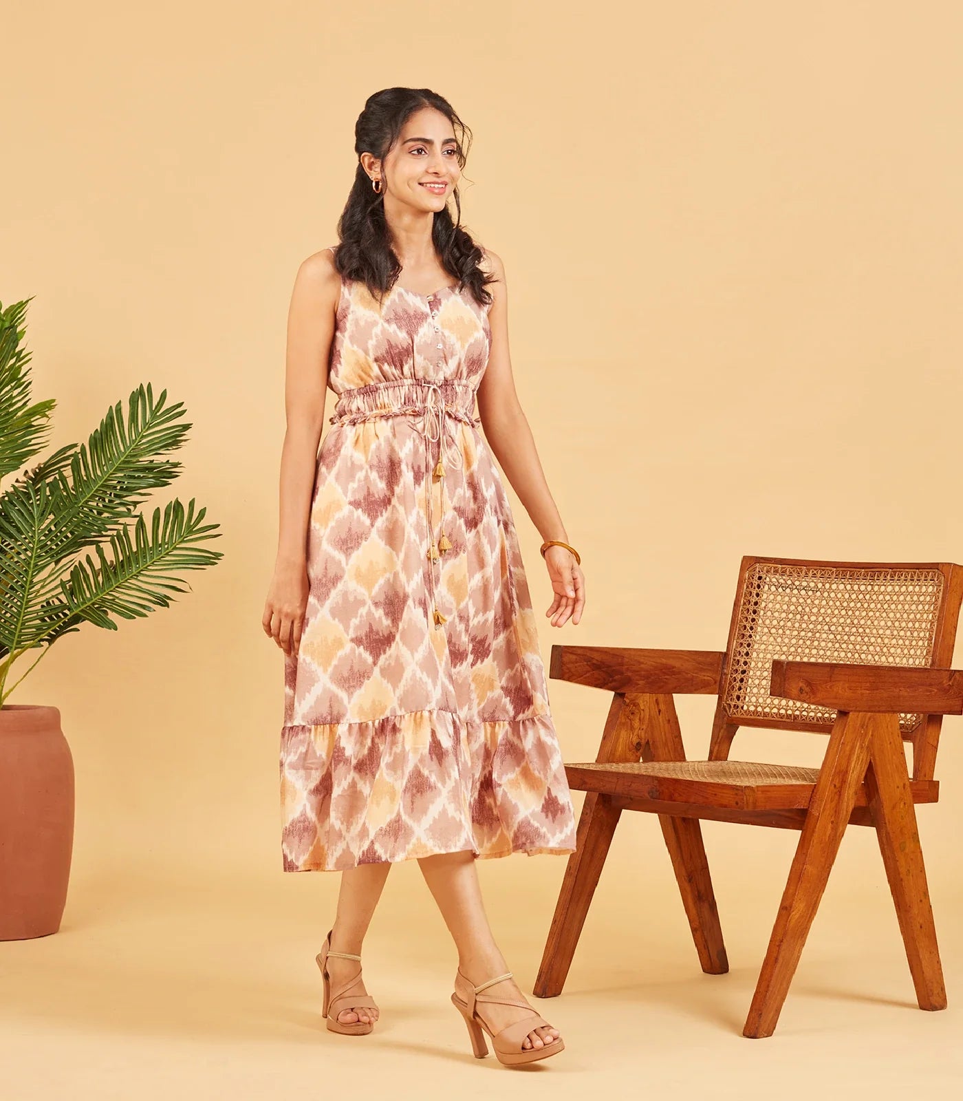 Brown Yellow Abstract Printed Cotton Dress