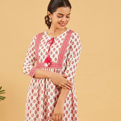 White And Pink Floral Printed  Kurta Set