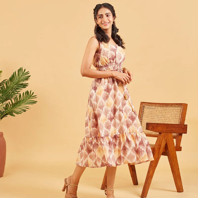 Brown Yellow Abstract Printed Cotton Dress