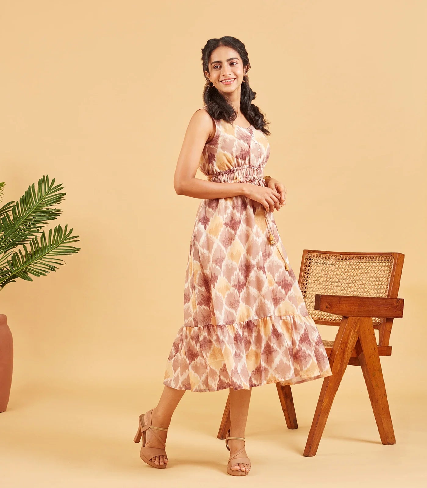 Brown Yellow Abstract Printed Cotton Dress