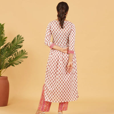 White And Pink Floral Printed  Kurta Set