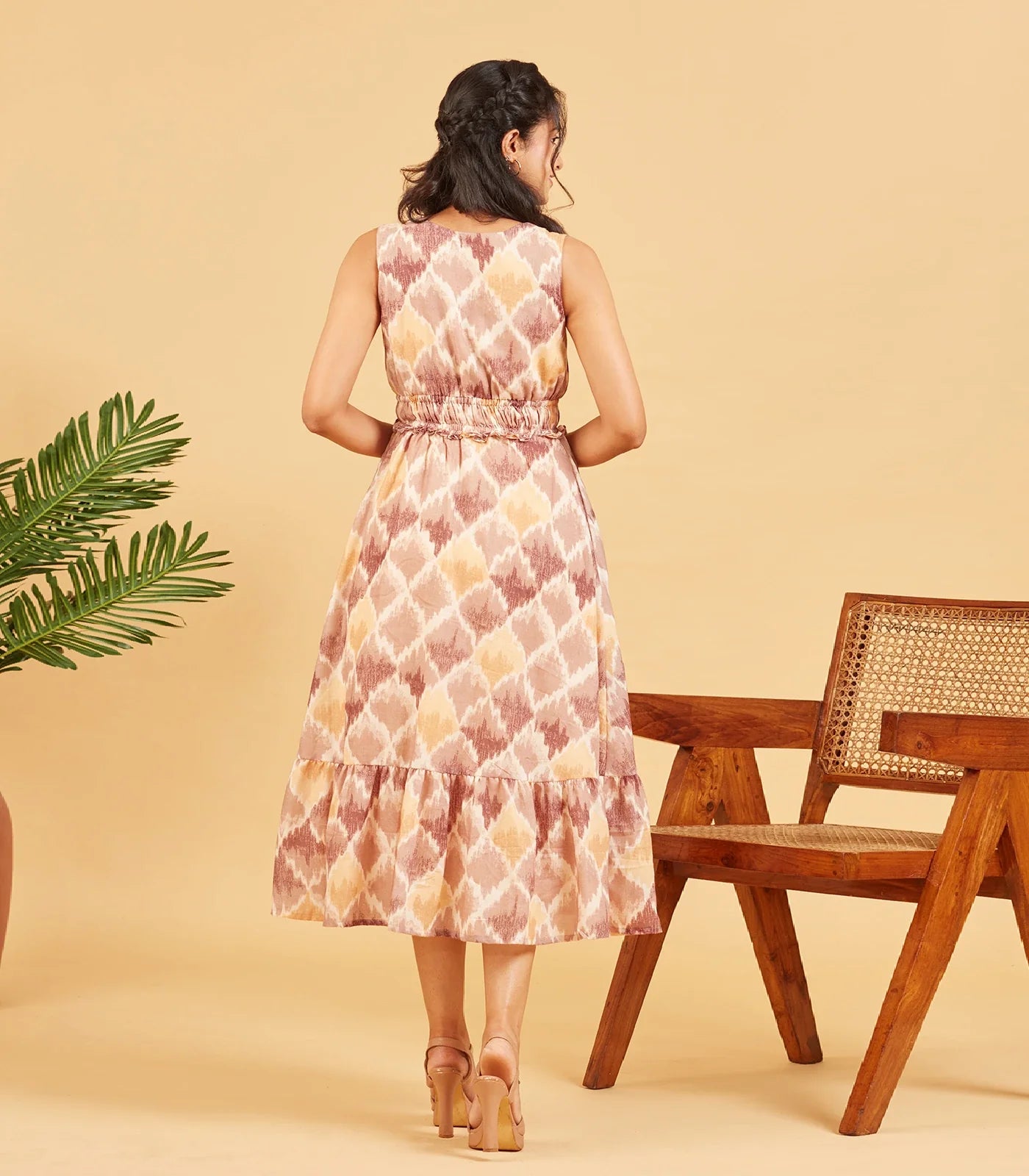 Brown Yellow Abstract Printed Cotton Dress