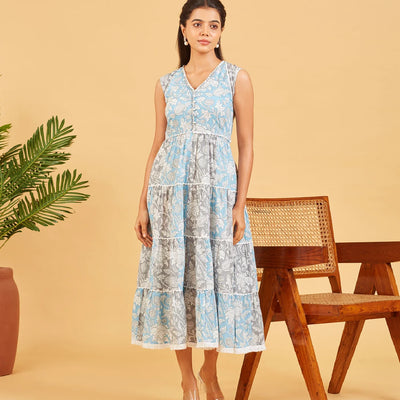 Blue And Grey Printed Floral Dress