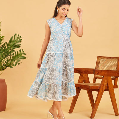 Blue And Grey Printed Floral Dress
