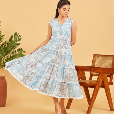 Blue And Grey Printed Floral Dress
