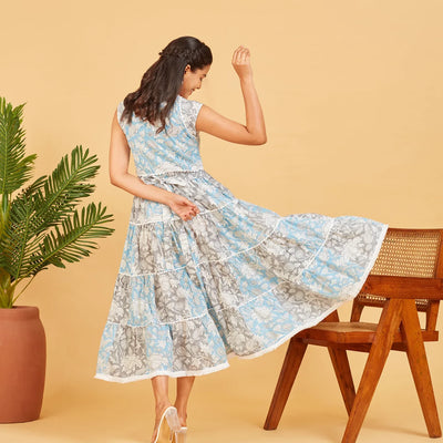 Blue And Grey Printed Floral Dress