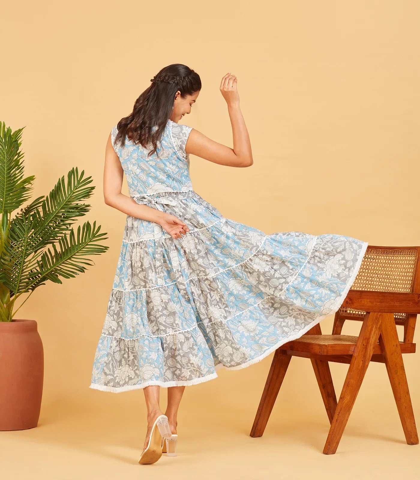 Blue And Grey Printed Floral Dress