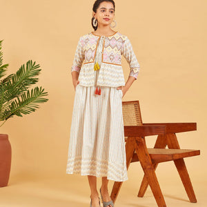 White Geometric Printed Dress With Overcoat