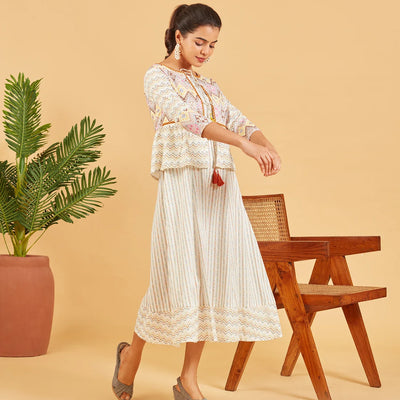 White Geometric Printed Dress With Overcoat