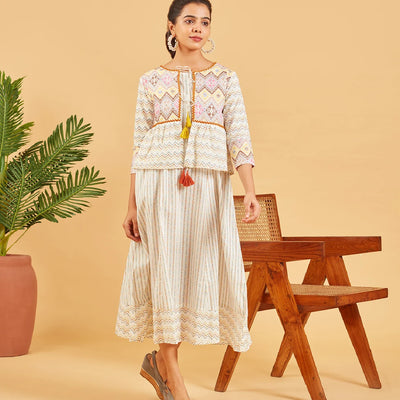 White Geometric Printed Dress With Overcoat